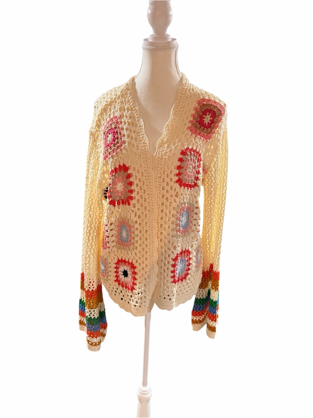 Boho Cream Crochet Open Front Cardigan Sweater with Multicolor Motifs New